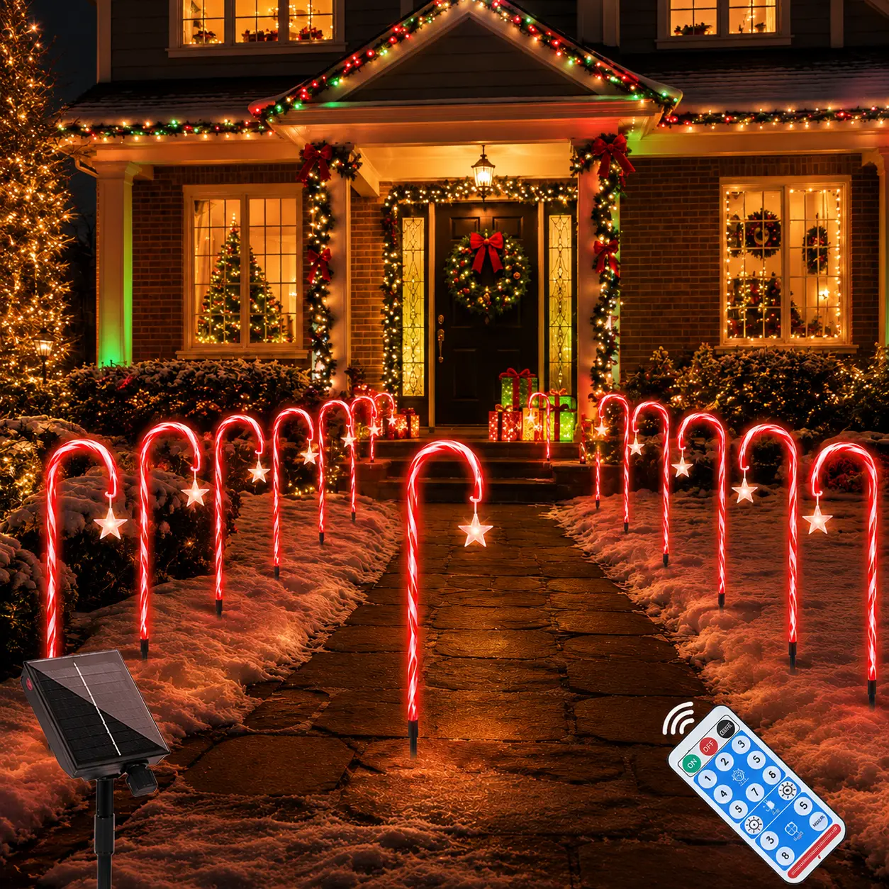 10-Pack Solar Christmas Candy Cane Pathway Lights with Remote Control, Outdoor Waterproof LED Stake Lights for Yard Garden Holiday Decor