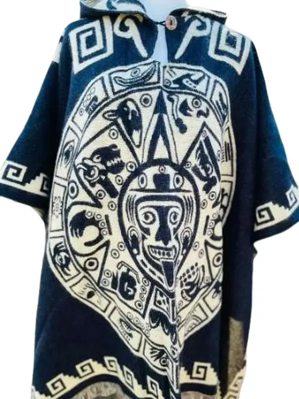 Aztec Calendar I Alpaca Poncho Handcrafted by Indigenous Artisans, Versatile Closed Front Design, One Size Fits Most