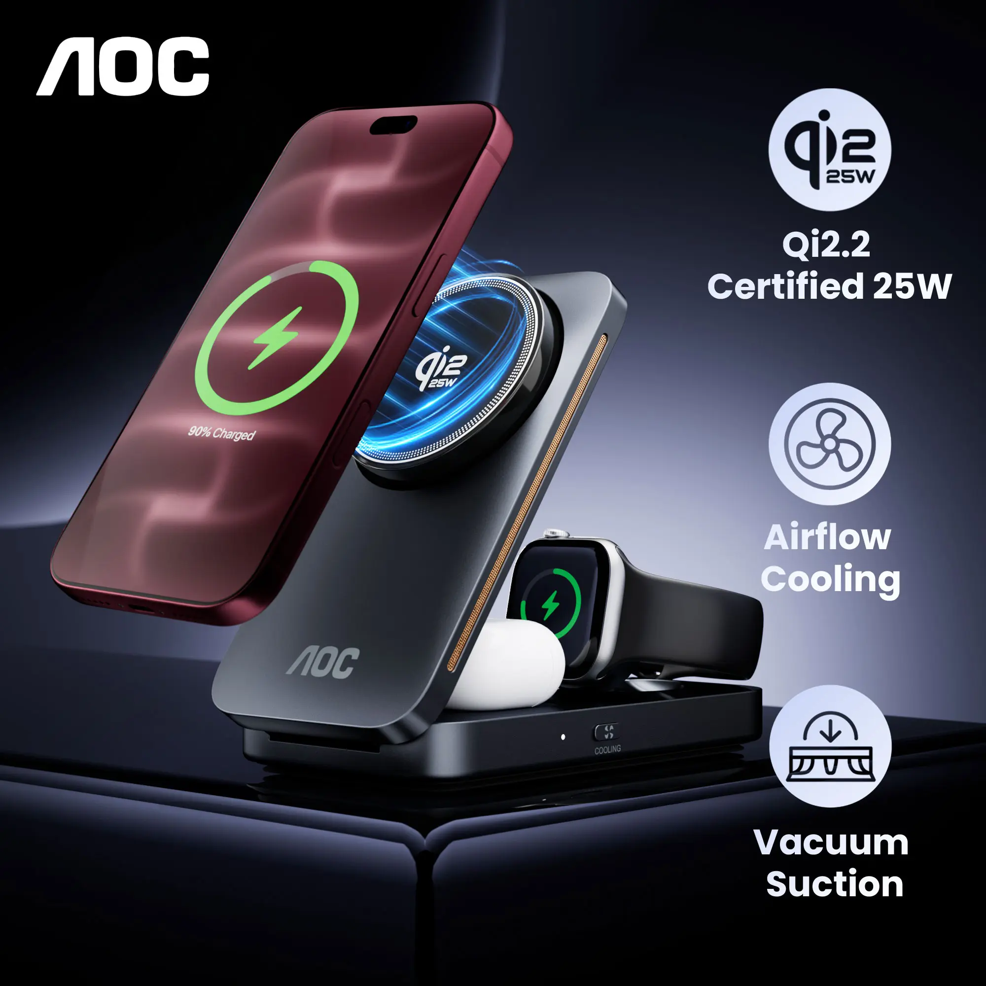 AOC 25W Qi2.2-Certified 3-in-1 Wireless Charger Stand with Strong Magnetic Hold, Vacuum Suction Base for Secure Desk Mounting, Active Cooling & 45W PD Fast Charger for iPhone 18–12, Apple Watch & AirPods, Ideal for Travel, Desk Accessories & Office Use