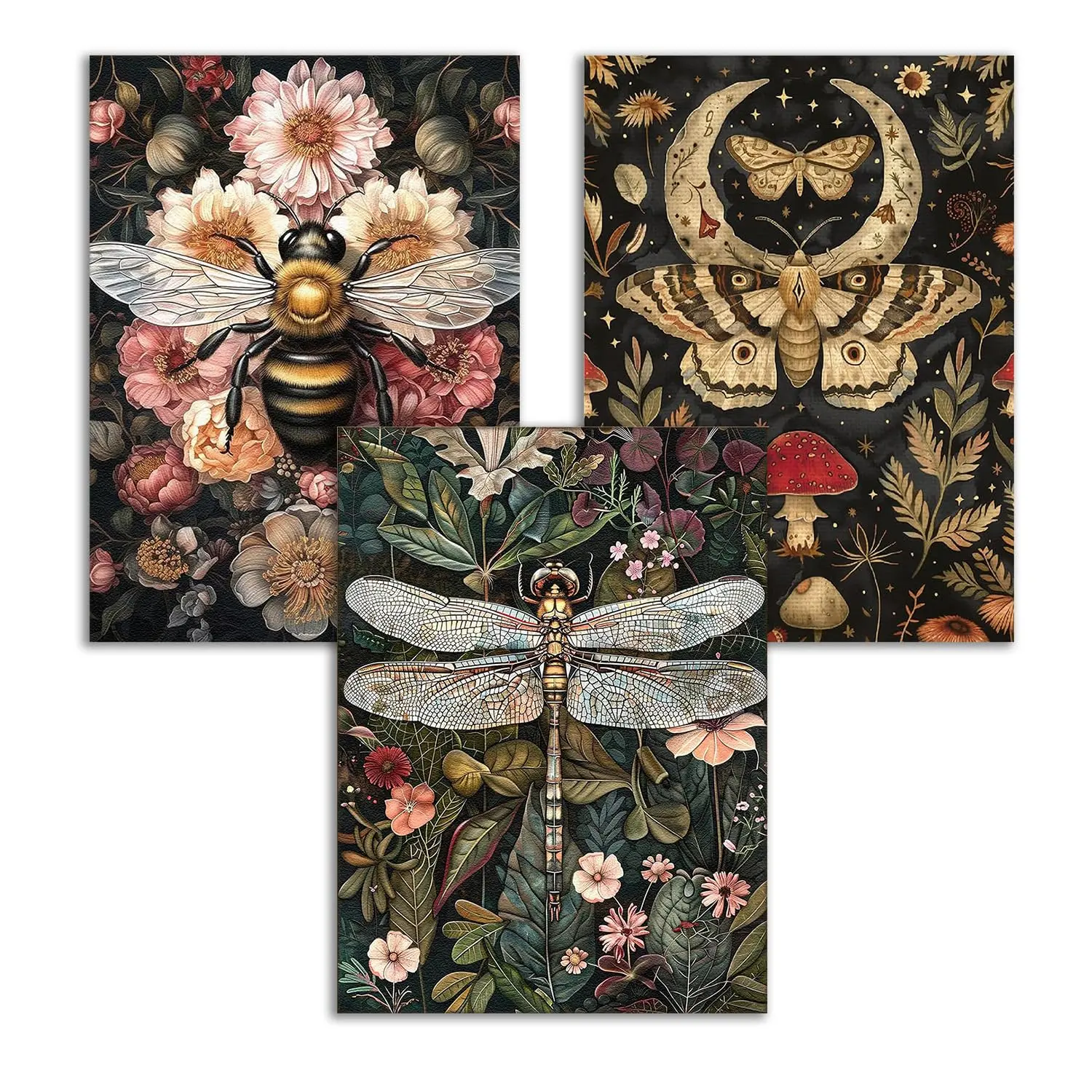 3 Pack Vintage Dragonfly,Moth,Bee Diamond Painting Set for Adult Beginners,5D Full Diamond Dot Crafts,Home Wall Decoration Gifts Diy Kits
