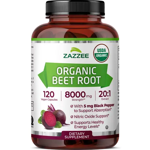 Zazzee USDA Organic Beet Root 20:1 Extract Capsules - 20X Concentrated Beetroot Superfood Supplement for Everyday Vitality and Physical Performance - Vegan Non-GMO Daily Wellness with Black Pepper for Efficient Utilization - 120 Count 4 Month Supply