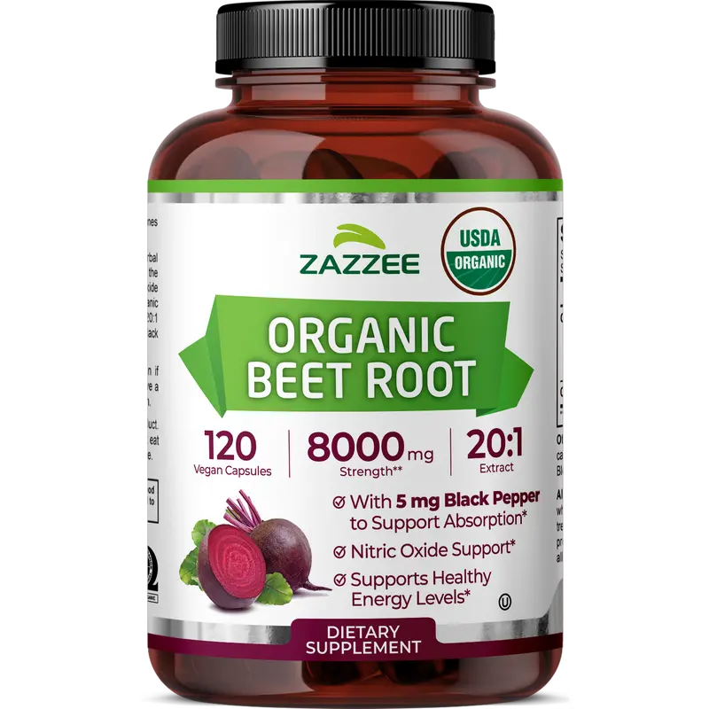 Zazzee USDA Organic Beet Root 20:1 Extract Capsules - 20X Concentrated Beetroot Superfood Supplement for Everyday Vitality and Physical Performance - Vegan Non-GMO Daily Wellness with Black Pepper for Efficient Utilization - 120 Count 4 Month Supply