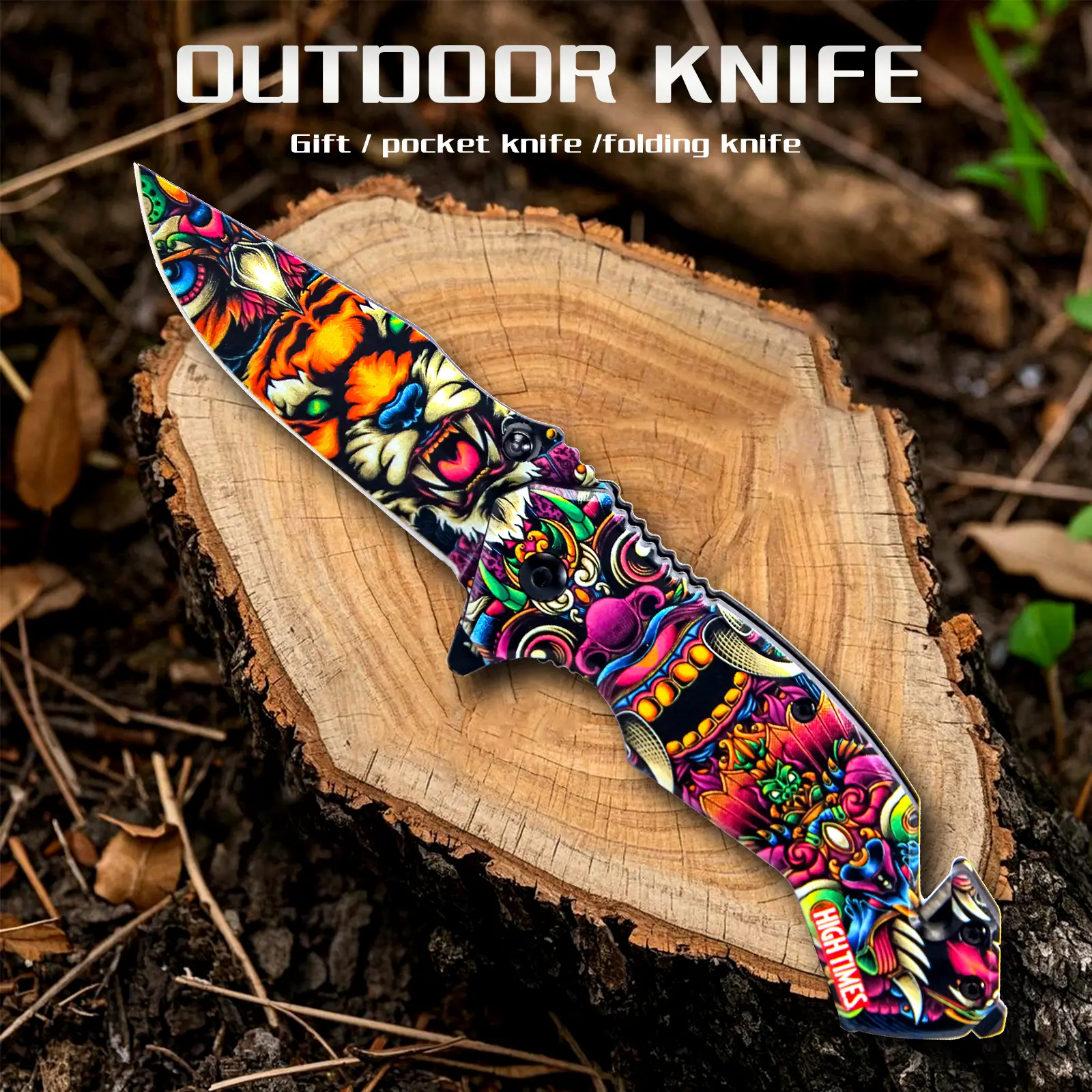 3.5" Stainless Steel Folding Knife with Vibrant Print Handle - Lightweight EDC Pocket Knife, Multifunctional Outdoor Camping Tool for Fishing, Camping Tools, Bright