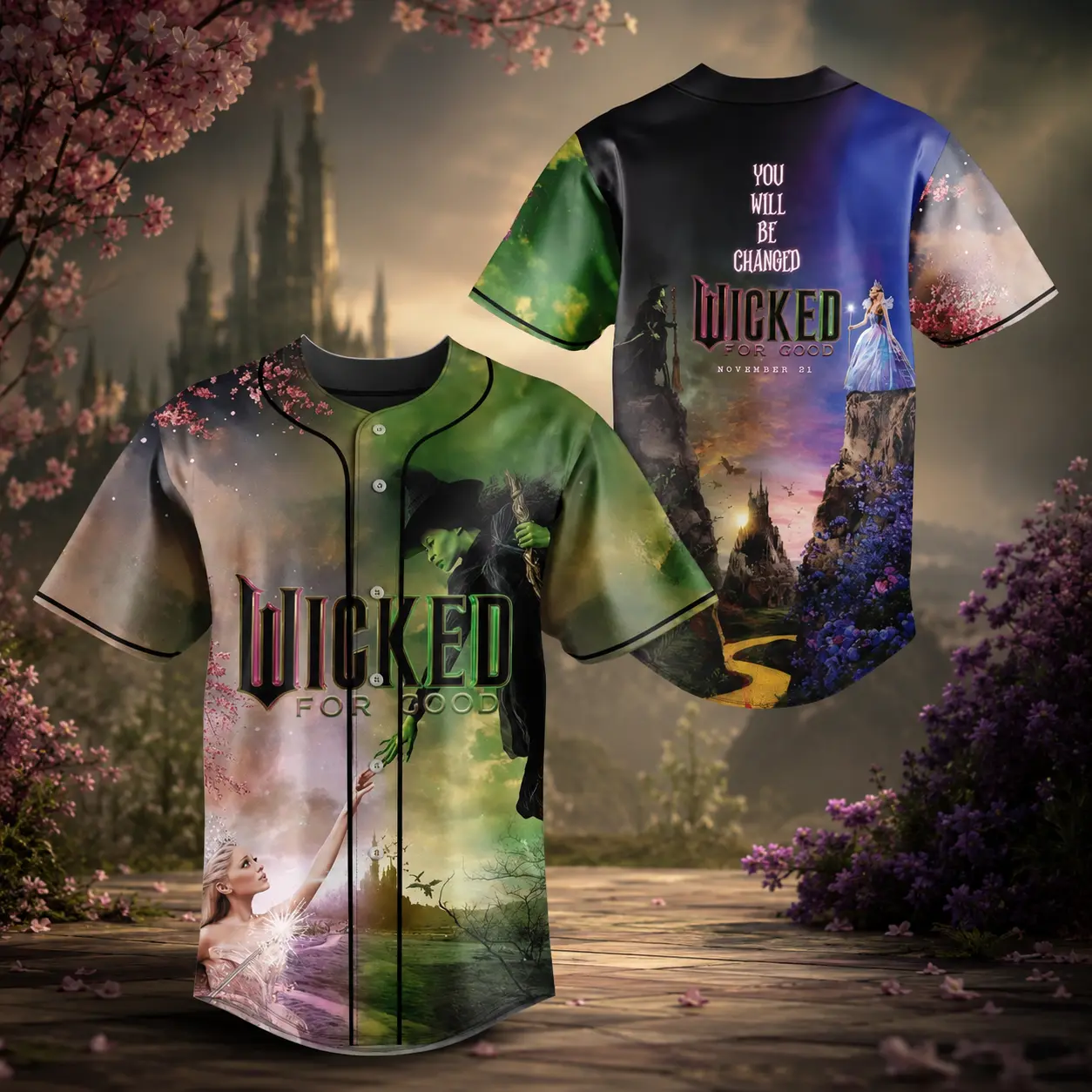 [Halloween Outfits] Wicked Inspired Baseball Jersey – Green Witch & Pink Sorceress Musical Fan Button Up Shirt, Unisex S-5XL Fantasy Theater Apparel