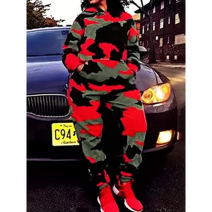 Women's Geometric Sweatpants Set Large Size Camouflage Printed Front Pocket Sportswear Set, Long Sleeve Hooded And Running Jogging Trousers Suit, Ladies Sportswear