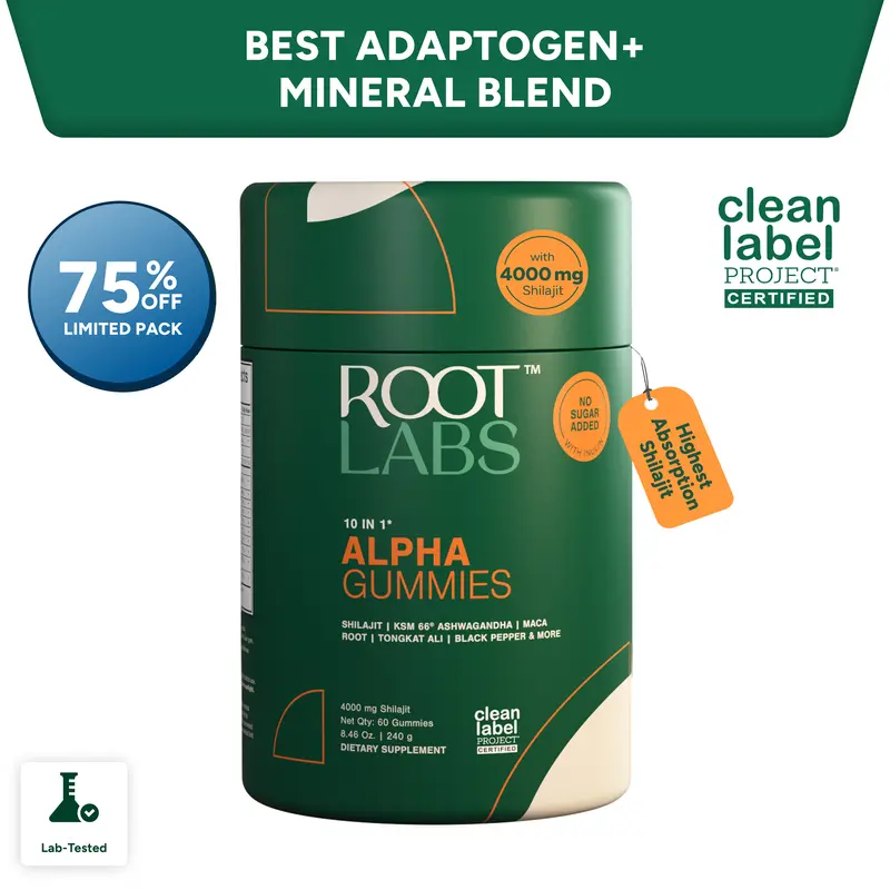 Root Labs Alpha 10-in-1 Shilajit Gummies 4000 mg | New Year New Me Edition | Start 2026 Strong | Energy, Stamina & Focus | Zero Sugar | KSM-66 Ashwagandha, Tongkat Ali, Maca | Vegan | 60 Count | Transform Your Health Goals