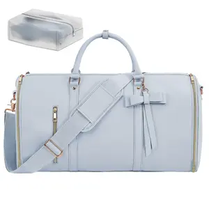 Garment Bags for Travel Convertible Suit Travel Bag for Women Stylish Carry On Garment Bag with Toiletry Pocket Shoulder Strap and Shoes Compartment 2 in 1 Foldable PU Leather Duffle Bag Blue