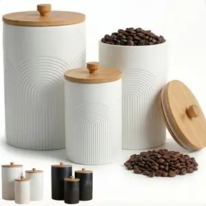 Kitchen Canisters for Countertop Set of 3 with Airtight Bamboo Lids - White Kitchen Canisters with Airtight Lids - Flour Sugar Canister Set - Flour and Sugar Containers Farmhouse - Coffee Jar