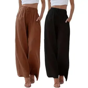 Women’s 2-Pack Linen Wide-Leg Pants with Pockets – Casual, Comfortable Long Pants with Drawstring, Elastic Waistband, Breathable Fabric, Available in Beige and Teal, Suitable for All Seasons