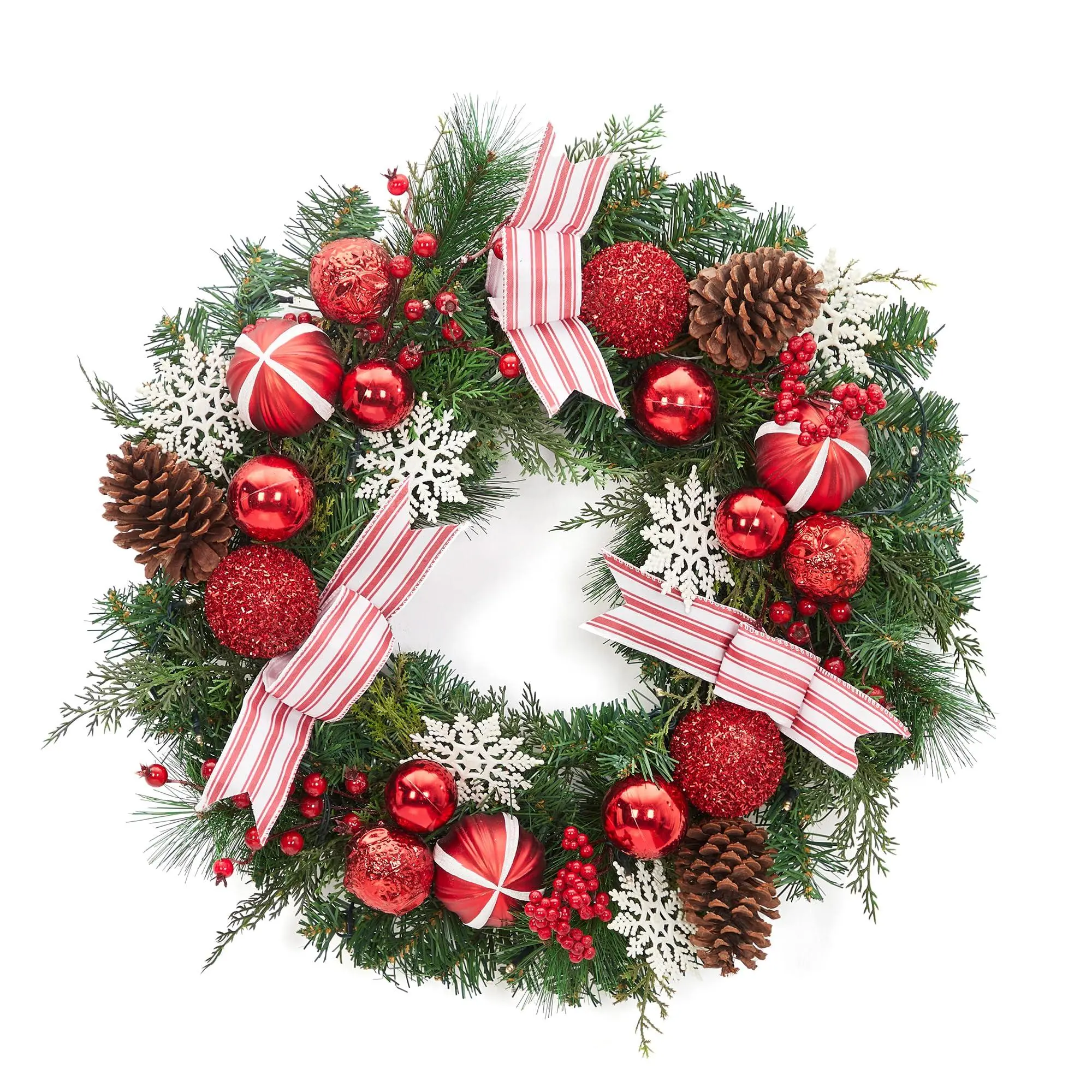 GARVEE 24" Pre-Lit Christmas Wreath for Front Door - Lighted Wreath with 20 Battery-Operated LED Lights, Red & White Bow, Balls for Holiday Decor
