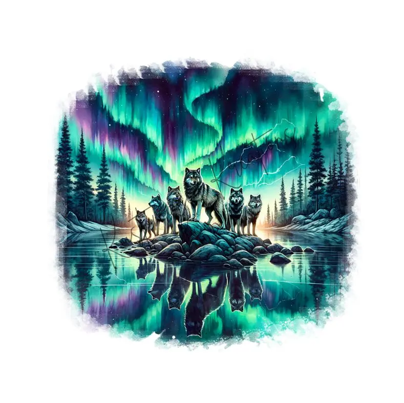 Wolves Northern Lights • T-shirt Tee Shirt Comfortable Unisex Sublimation Casual Graphic Cute Wolf Stylish Top River Nature