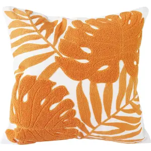 Embroidery Throw Pillow Covers 18x18 Home Decor Pillow Cover for Couch Bed Chair 100% Cotton Loop Embroidered Orange Tropical Leaves Cushion Cover Square Pillowcase 45x45cm, 1 Piece