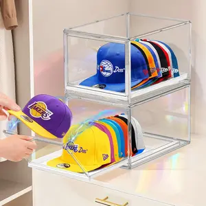 Hat Organizer Box for Baseball Cap, Stackable Hats Container with Tray Drawer, Large Caps Display Case with Door for Closet 16-20 Hats 2Pack Clear