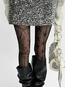 Women's Lace Hollow Out Star Pattern Stocking, High-Quality Elastic Tight Pants, Fashionable Legwear Design, Perfect for Valentine's Day, Womenswear