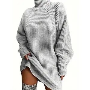 [Turtleneck Sweater] Long Sleeve Turtleneck Sweater Dress - Ribbed Neck, Drop Shoulder Knits - For Women