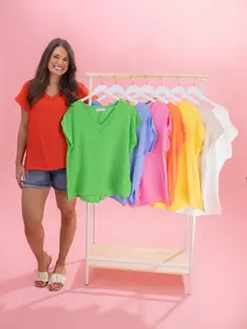 Gauze V-Neck Short Sleeve Top by DD Design | S-3XL