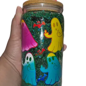16oz Customized Plastic Cup with Glitter Design and Colorful Ghosts - Personalized Drinkware