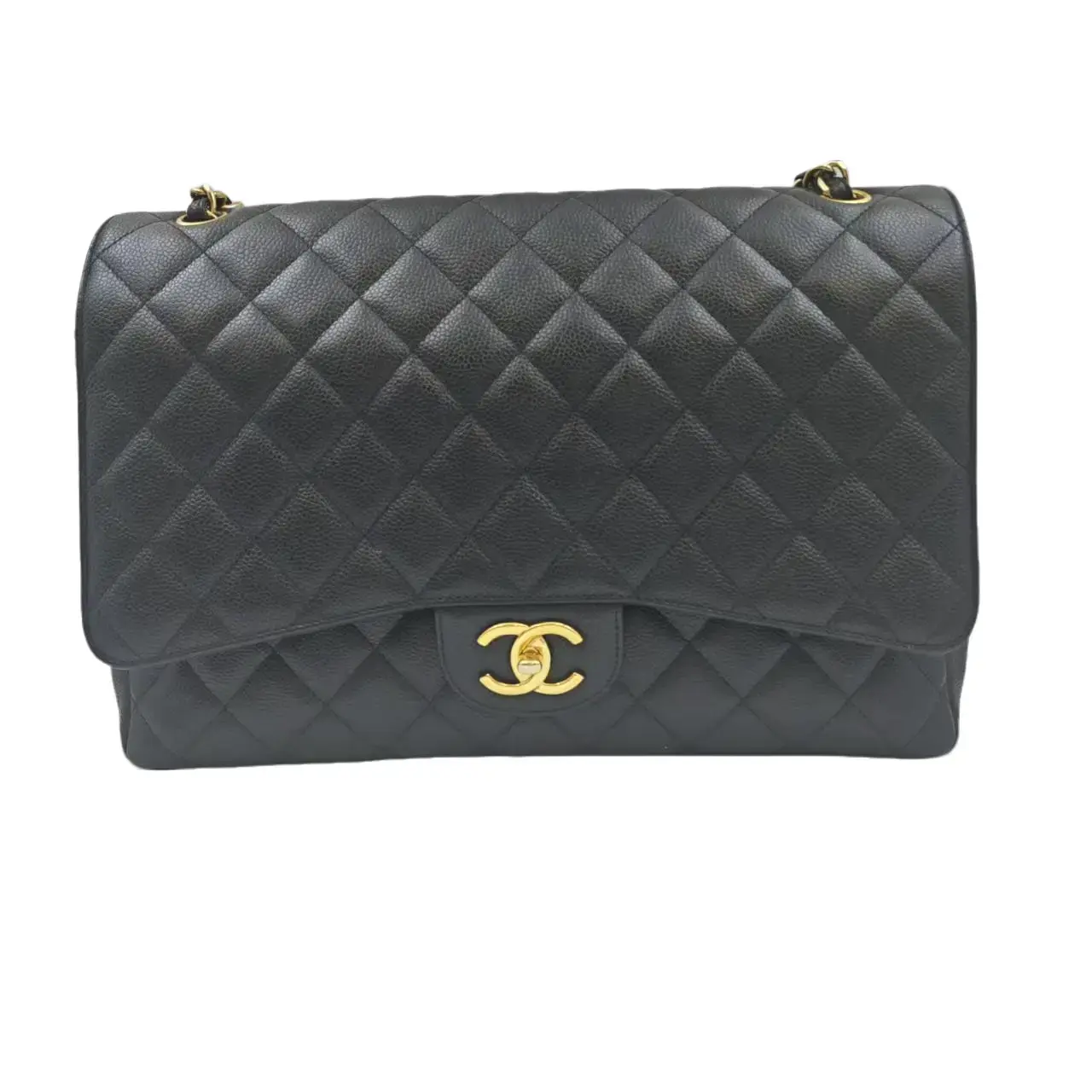 Pre-owned CHANEL HZ8 Classic Flap – Black with Gold Hardware, Jumbo Max Caviar Leather, Double Flap 60906