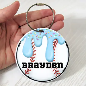 Personalized Baseball Drip Bag Tag with Name for Backpack Sports Bag - Custom Kids Ice Cream with Sprinkles Acrylic ID Round Street Style Charm