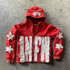 INFW Patchwork Zip Hoodie Vintage Distressed Streetwear Star Graphic Jacket