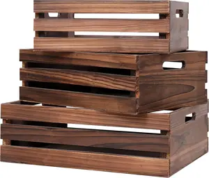Set of 3 Handmade Solid Wood Storage Crates - Rustic Vintage Brown & Black Decorative Wooden Crates for Display and Home Storage