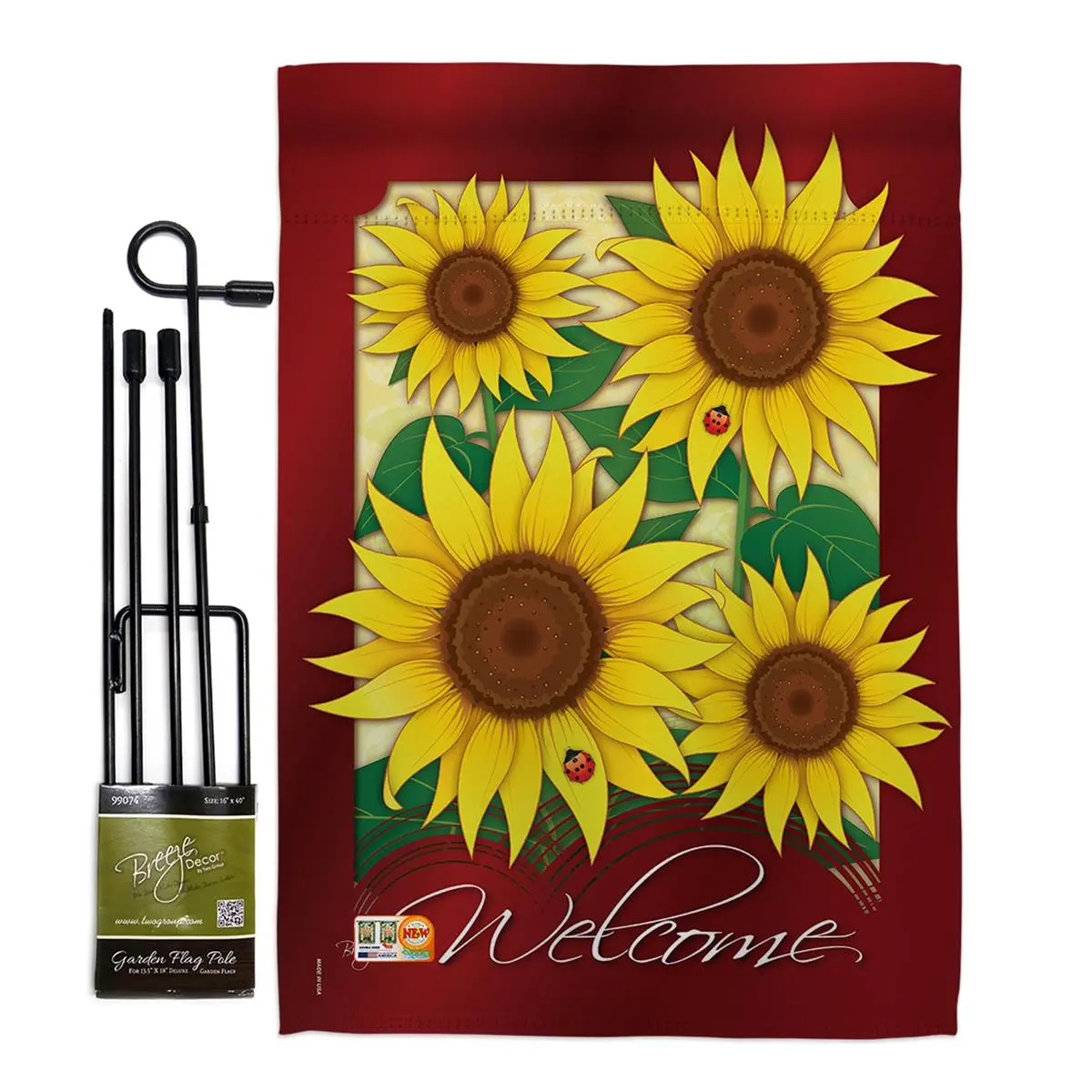 Breeze Decor BD-FL-GS-104067-IP-BO-D-US10-BD 13" X 18.5" in. Welcome Sunflowers Spring Floral Impressions Decorative Vertical Double Sided Garden Flag Set with Banner Pole Included