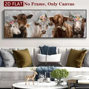 1 count frameless canvas art, Animal cow poster, Floral Aesthetic Pattern, Highland ox decoration, fashion poster, modern art, perfect living room home decoration, bedroom, office, kitchen wall art decoration, waterproof painting, artwork, frameless