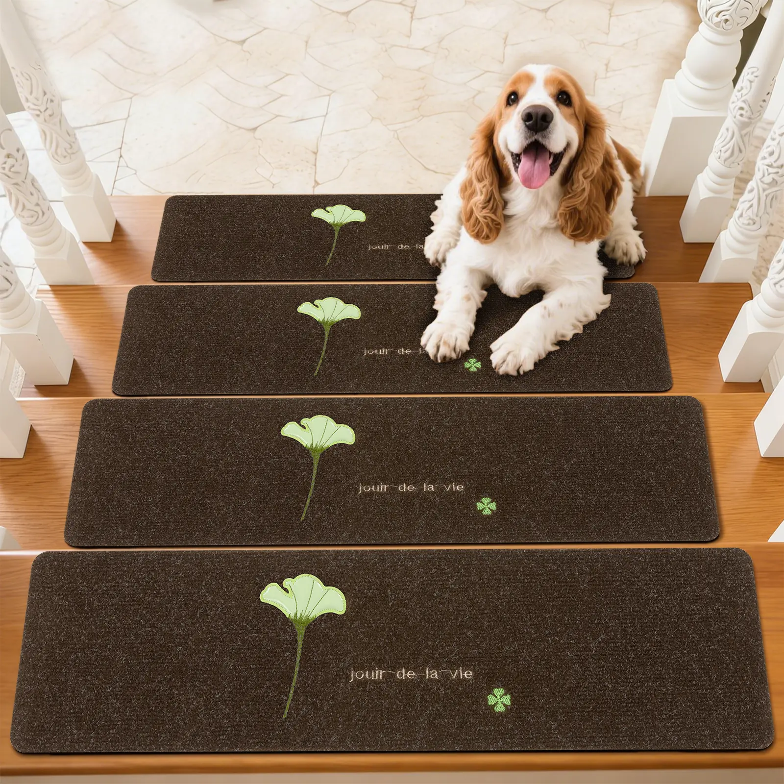 HEBEMAT Classic Anti-Skid Chenille Stair Runner (8"x30") - Indoor Reusable Soft Washable Adhesive Rug for Wooden Steps, Pet-Friendly Black/Brown Decor Mat for Entryway