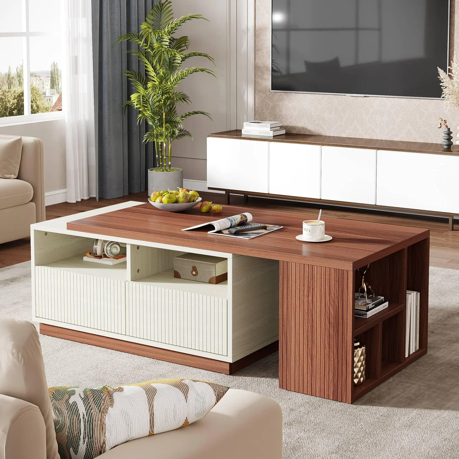 Tribesigns Extendable Coffee Table for Living Room, Adjustable Length with Storage, 2 Drawers & Shelves, White & Walnut Tribesigns Extendable Coffee Table for Living Room, Adjustable Length with Storage, 2 Drawers & Shelves, White & Walnut