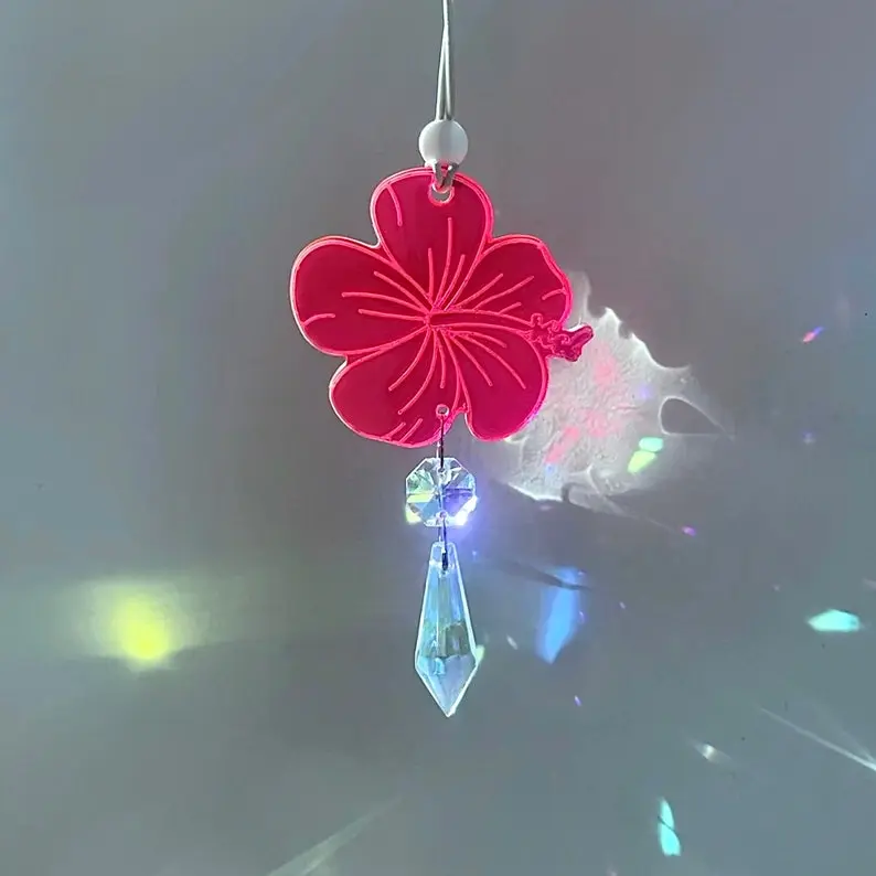 Hibiscus Hawaiian Flower Car Charm, Pink Crystal Suncatcher, Rearview Mirror Car Accessories, Cute Boho Interior Decor, New Car Gift For Her