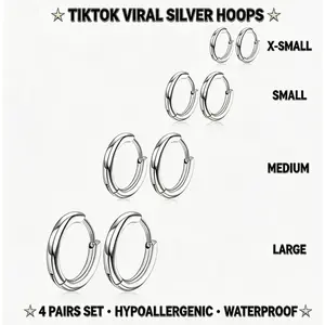 4 Pairs Silver Hoop Earrings Set – 316L Stainless Steel, Hypoallergenic Hoops 8–14mm for Men & Women, Everyday Minimal Style