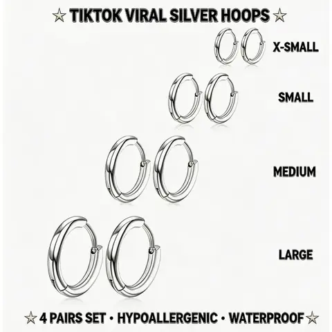 4 Pairs Silver Hoop Earrings Set – 316L Stainless Steel, Hypoallergenic Hoops 8–14mm for Men & Women, Everyday Minimal Style