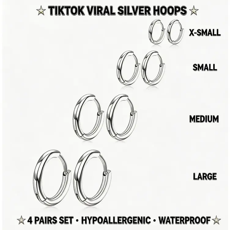 4 Pairs Silver Hoop Earrings Set – 316L Stainless Steel, Hypoallergenic Hoops 8–14mm for Men & Women, Everyday Minimal Style
