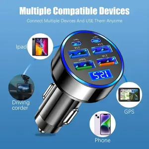 Nuokaiqi 6-in-1 Car Charger Adapter, 66W Fast Charging with 4 USB & 2 Type-C Ports, LED Intelligent Voltage Display, Multi-Port Cigarette Lighter Phone Charger Compatible with iPhone, Samsung, iPad