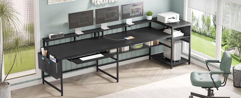 Sikaic L Shaped Reversible LED Gaming Desk with Power Outlets Strip Monitor Shelf Keyboard Tray Pegboard and Storage Shelves