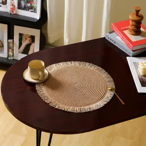 Handmade Fringe Edge Round Woven Placemat Set, Vintage Farmhouse Style Insulated Non-Slip Table Mat (double Color Option) 4pcs