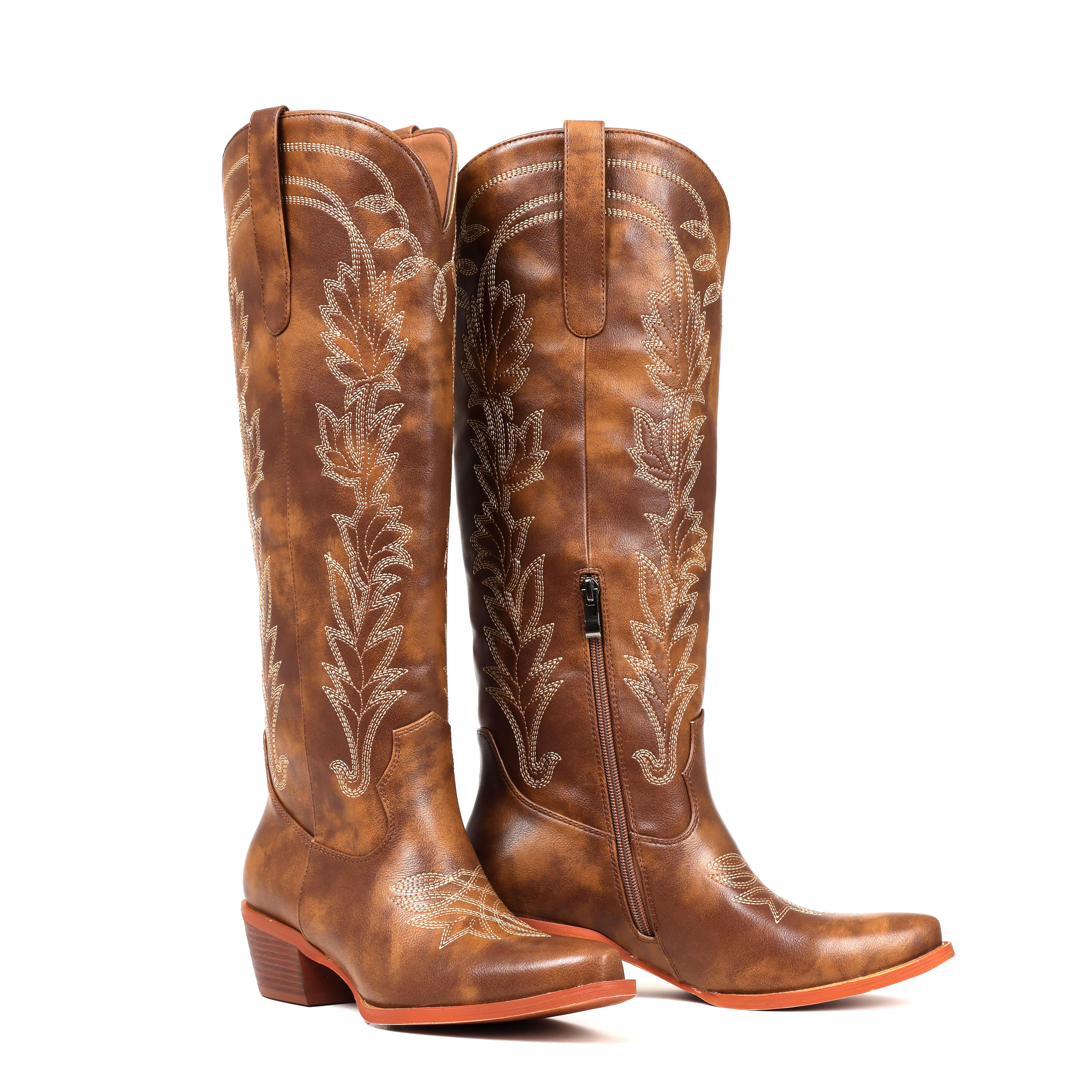 CELNEPHO Women Cowboy Boots Pointed Toe Chunky Block Heel Western Embroidery Knee High Cowgirl Boot Side Zipper Closure Easy Pull on Wedding Gifts Party Outdoor Events Date Dress Shoes