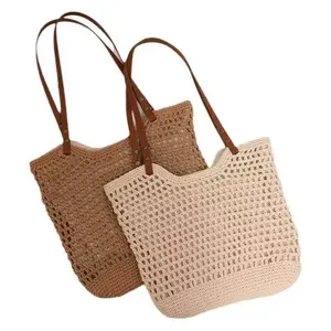 Chic French Crochet Hollow - out Single - Shoulder Bag - Large - Capacity Women’s Knitted Handbag, Lightweight and Stylish, Suitable for Beach Vacations, Spring and Summer Collection, Coffee/Beech - White, Polyester Material, Perfect for Casual Outings