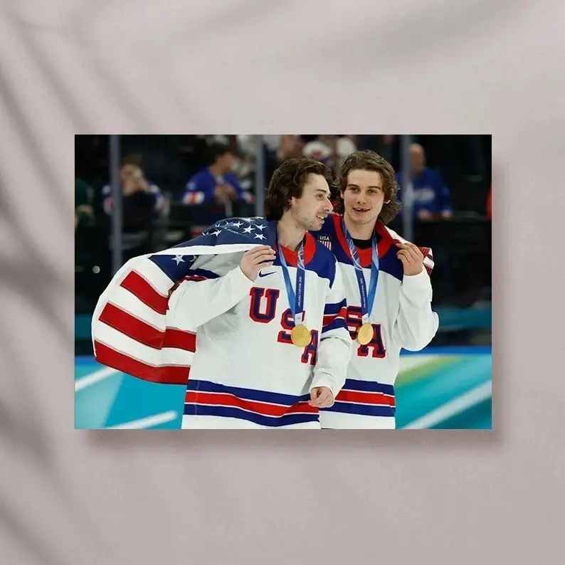 USA Men's Hockey Team Olympic Gold Medal Celebration Poster - Card Stock Paper Graphic Print, Multi-Size Sports Wall Decor with Border, Tube-Shipped Home Decor Item