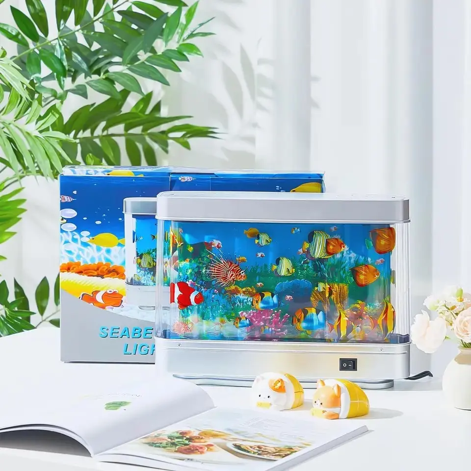 Fake Motion Fish Tank Mini Aquarium, Artificial Tropical Decorative Lamp Night Light with Moving Fish, Gift for Family