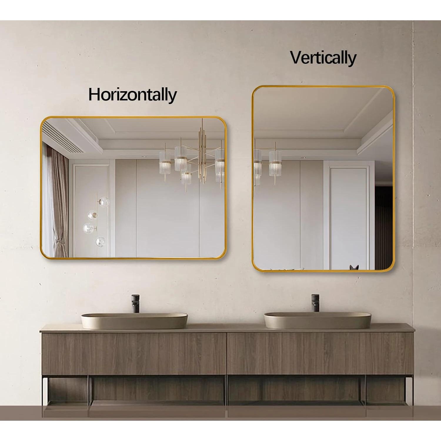 24x36 Inch Simple Gold Metal Framed Rectangular Bathroom Mirror W2203P183175 Wall Decorative for Living Room Made of Aluminium