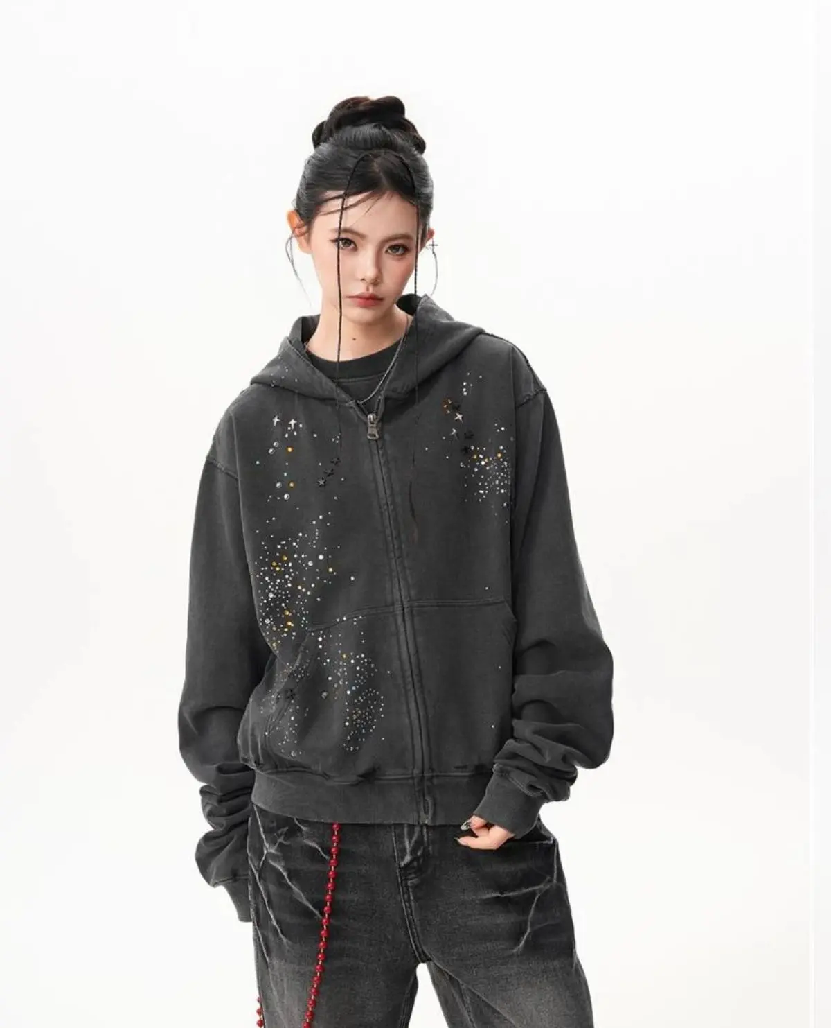 Hotfix Rhinestone Star Zip Up Hoodie Vintage Washed Hoodies