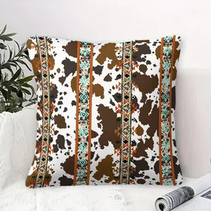 Western Cowboy Ethnic Style Throw Pillow with Inner Cushion, 45cm Square Throw Pillow, Zipper Closure, Cow Print & Geometric Patterns, Soft Comfortable Decor for Bedroom & Sofa, National Retro Soft Furnishings, Home Decorative Cushion