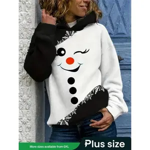 Plus Size Women's Christmas Snowman Blinking Hoodie, Casual Soft Long Sleeve Pullover, Holiday Graphic Sweatshirt, Fall & Winter FashionGift
