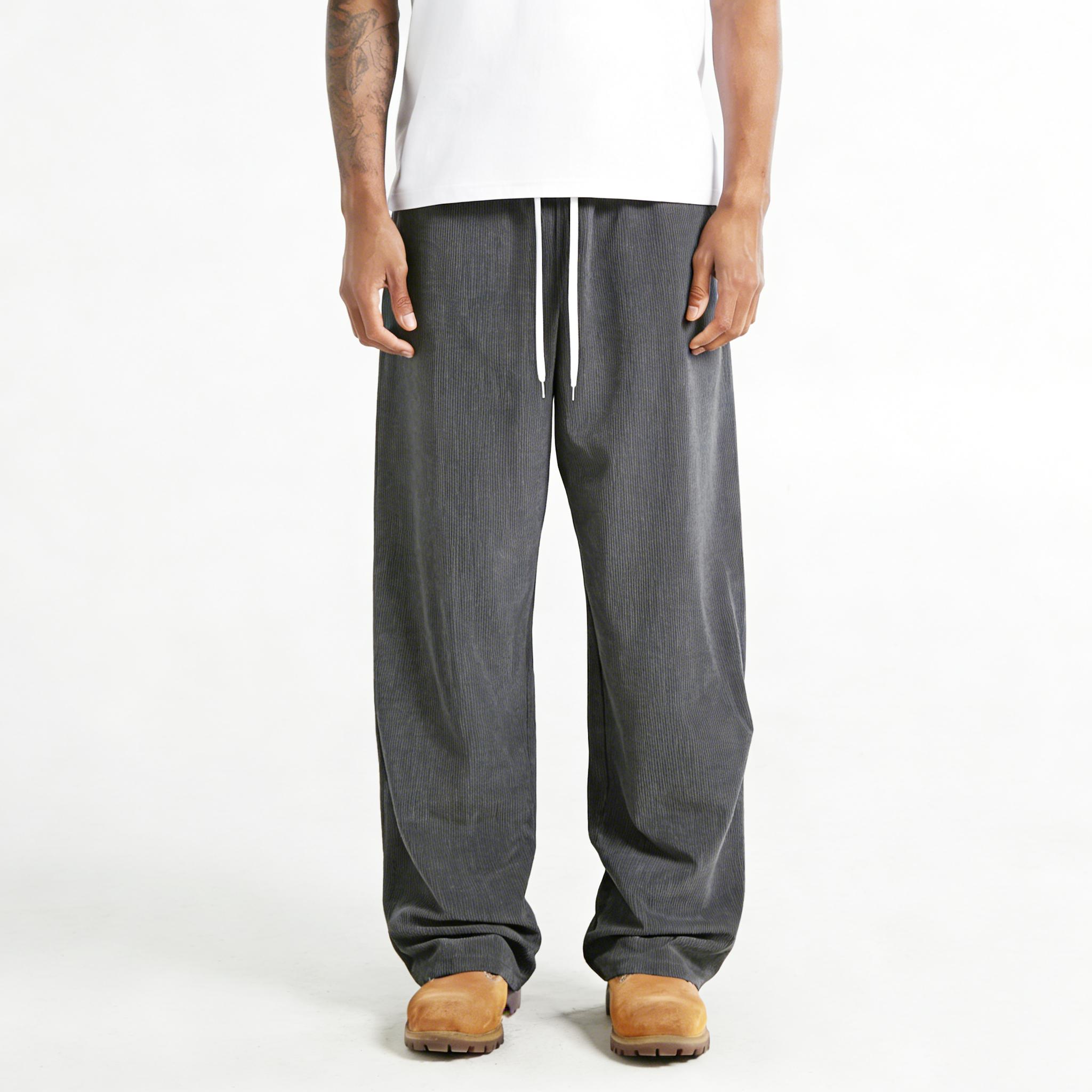 Men’s corduroy casual pants, loose straight fit, breathable, minimalist retro style, versatile for spring and autumn