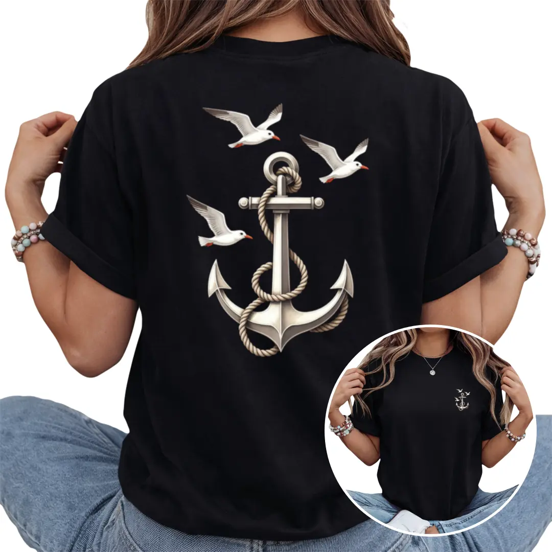Ship anchor with seagulls Women's pure comfortable T-shirt, Relaxed Clothing, Summer Outfit, Coastal Style, Nautical Theme, Lightweight Shirt, Comfortable Fit, Short Sleeve Shirt, Printed Tee, Vacation Wear, Women's Fashion