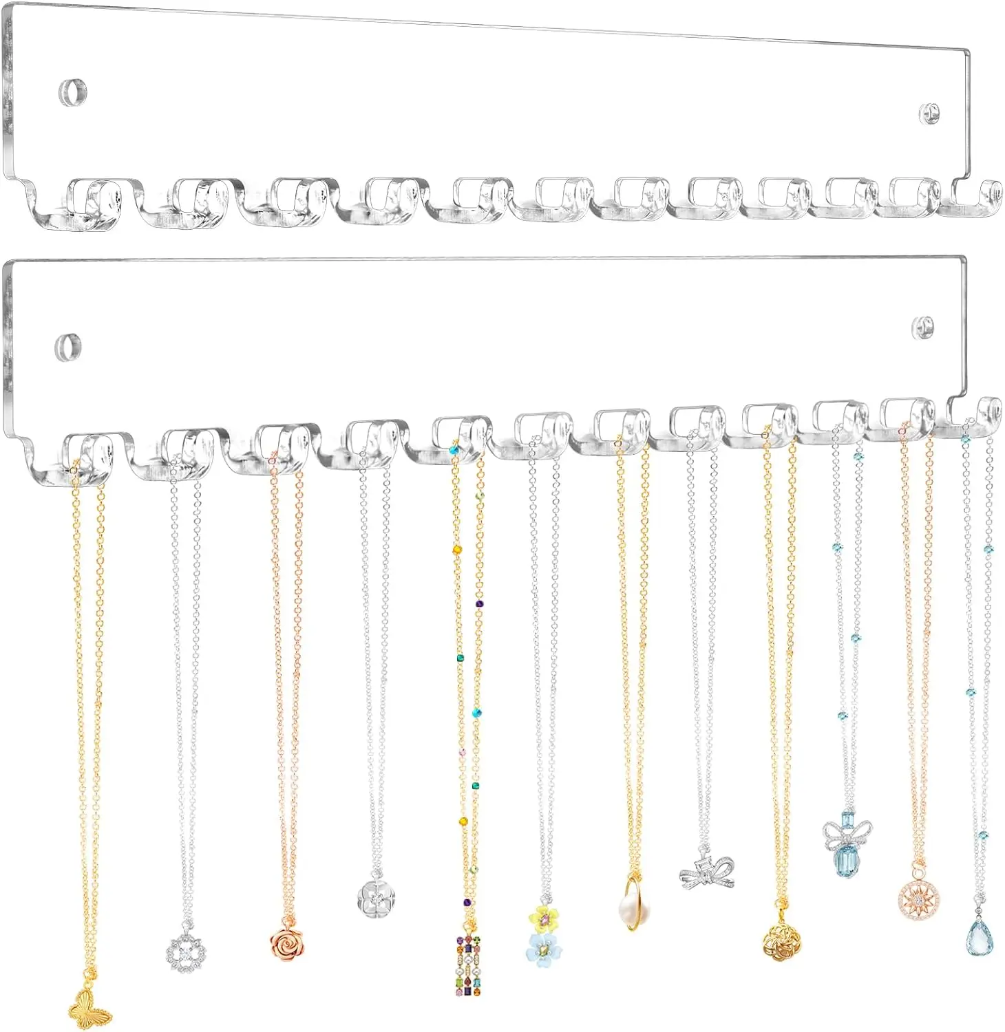 Acrylic Necklace Holder 2 Pack Wall Mounted Necklace Organizer Hanging Jewelry Organizer with 12 Hooks for Necklaces, Bracelets, Rings and Bangles Display