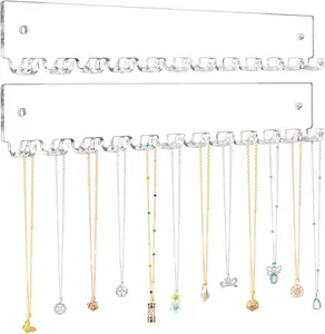 Acrylic Necklace Holder 2 Pack Wall Mounted Necklace Organizer Hanging Jewelry Organizer with 12 Hooks for Necklaces, Bracelets, Rings and Bangles Display