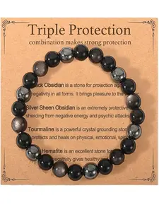 Natural Tiger Eye Stone Triple Protection Bracelet for Men and Women, Healing Crystal Gift Bracelet for Protection and Style, Crystal Bracelets