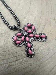 Western Pink Bow and Faux Pearls Necklace - 18 inch +3